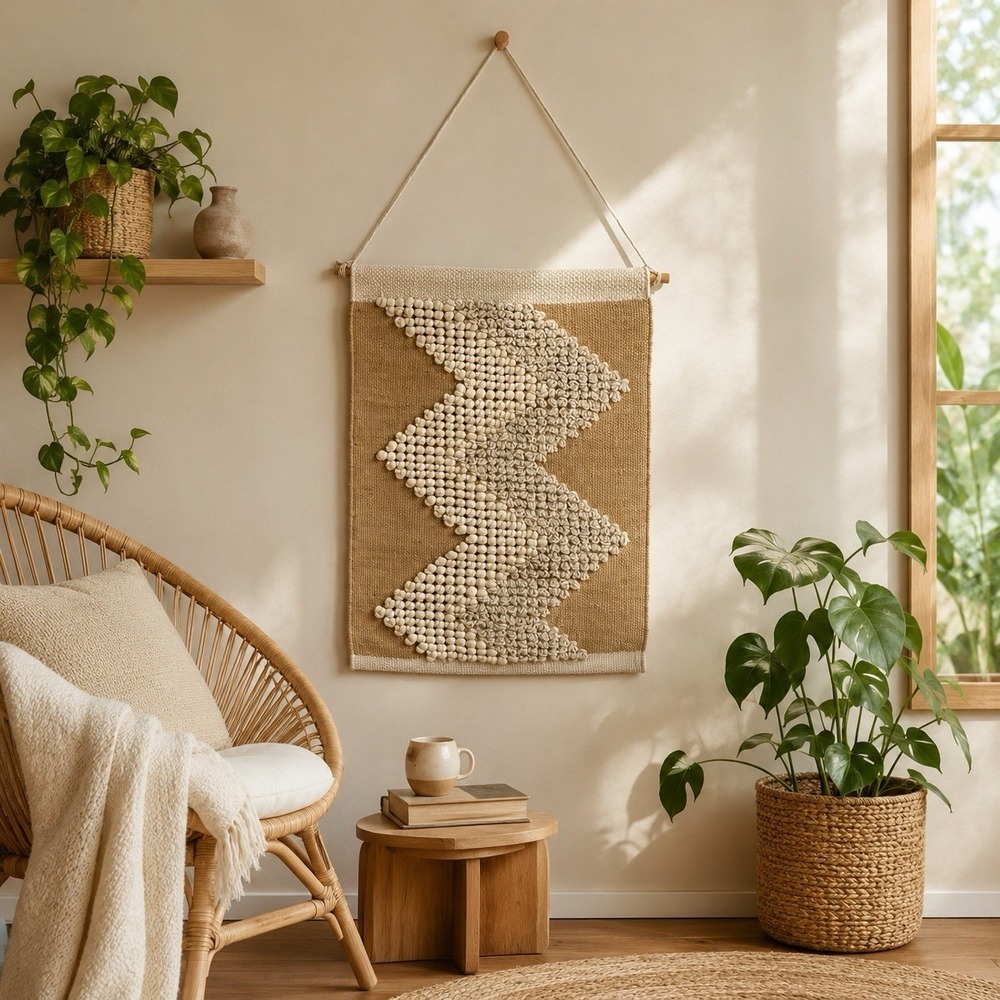 Unbranded Cream and Tan Macrame Woven Wall Hanging Wall Art Boho Desert Chic